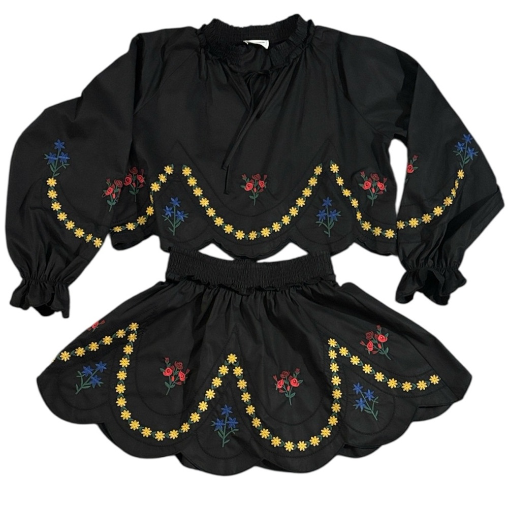 Farm Rio Vibes Embroidered Black Floral Top and Skirt Set Small